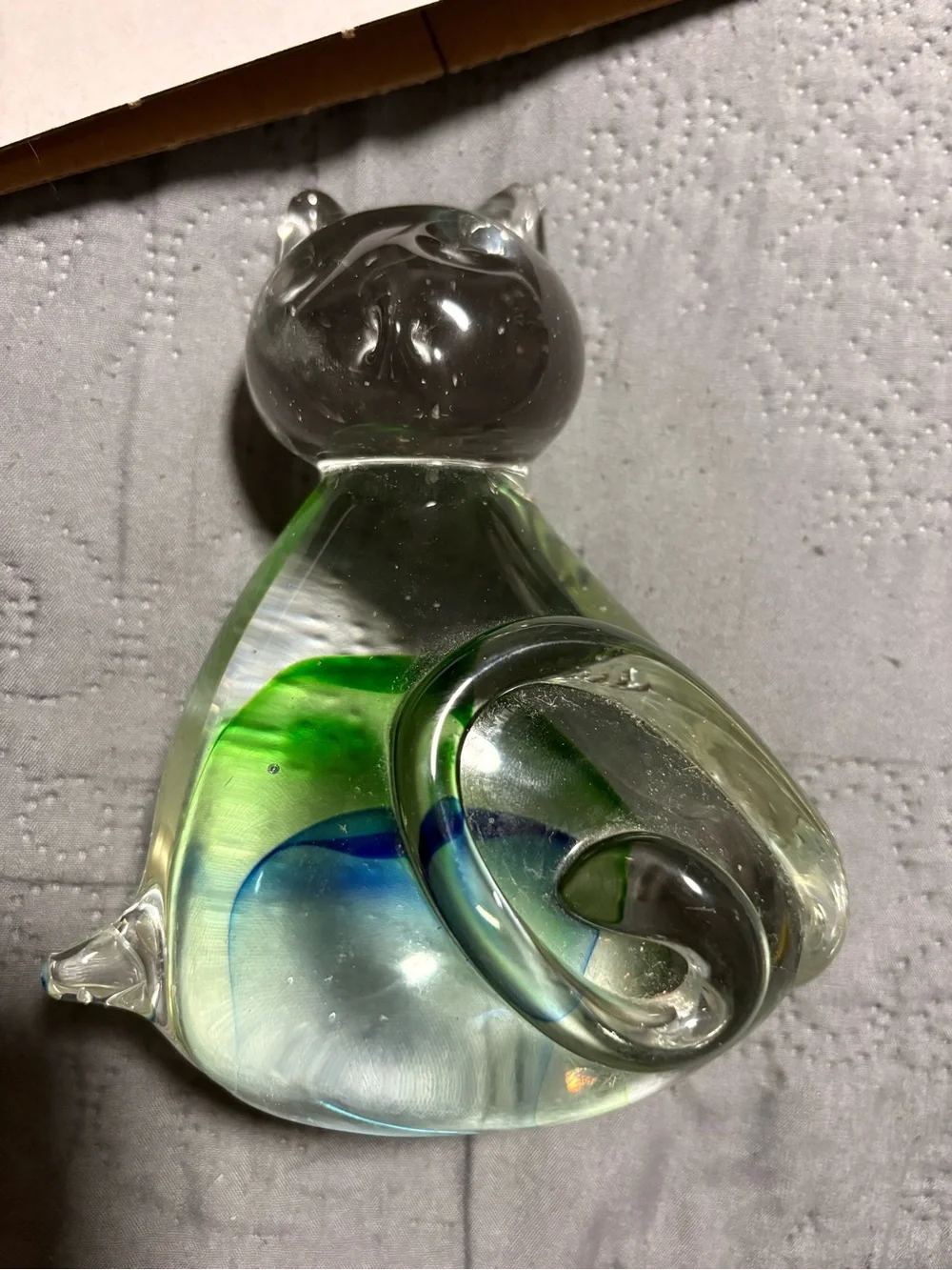 Clear Glass Cat Figurine with Green and Blue Swirl - Brand Unbranded